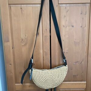 All Saints Natural Straw Crescent Crossbody with leather Strap